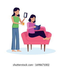 young girls reading book and using smartphone vector illustration design