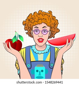 Young girls recommend eating fruits.
Pop art retro vector illustration vintage kitsch