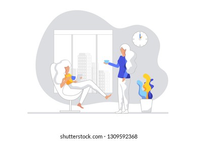 Young Girls relax and chat during Lunch Break. Woman Sitting Chair drinking coffee and looks houses outside window. Woman brought coffee Colleagues. Two Girls Communicate Workspace.