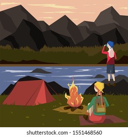 Young girls are resting by the fire. Mountain landscape and a camp by the river. Illustration in a flat style.