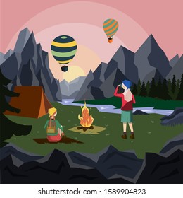 Young girls are resting by the fire. Mountain landscape and balloons in the sky. Illustration in a flat style.