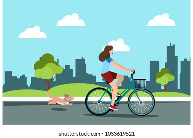 Young girls riding bikes with dogs in the park, vector illustrations