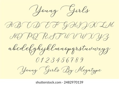 Young Girls Script is elegant calligraphy font, including Regular. This font is casual and pretty with swashes. Can used for various purposes. such as logo, product packaging, wedding invitations etc.