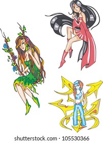 Young Girls. Set of color vector illustrations.