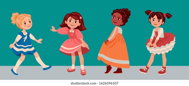 young girls show fashionable party dresses. Fashion models child school