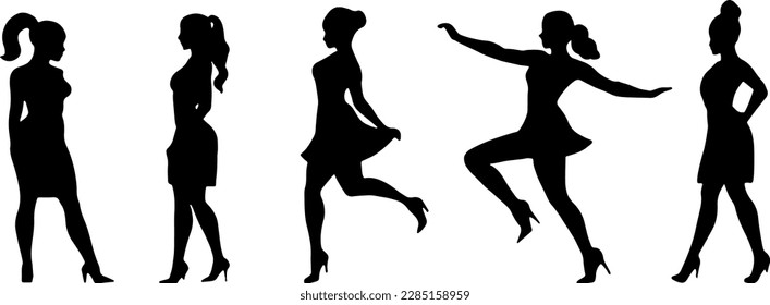 Las siluetas de chicas jóvenes están bailando. Siluetas vectoriales de bailarinas