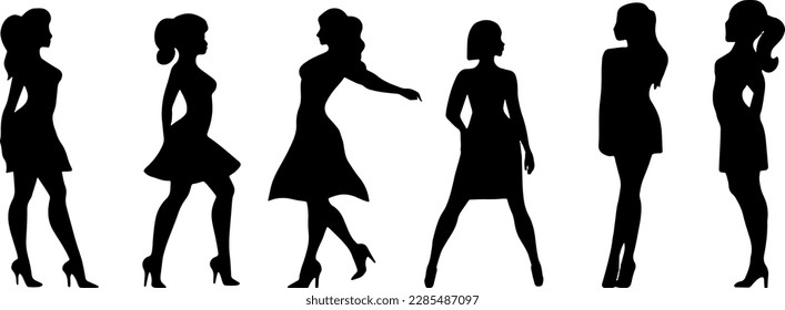 Young girls silhouettes are dancing. Vector stencils silhouettes of dancers