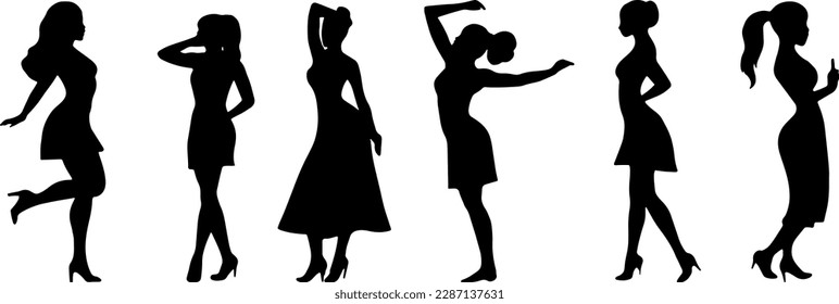 Las siluetas de chicas jóvenes están bailando. Siluetas vectoriales de bailarinas