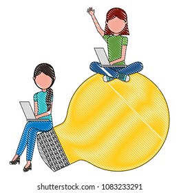 young girls sit on big bulb light idea study