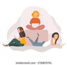 Young girls studying with books and laptop, isolated characters on white background. Happy teenager in casual clothes. Youth lifestyle. Education process, students, self education