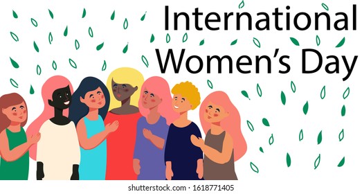 young girls in the style of a flat cartoon, a group of characters with different skin and hair colors.  vector.  International Women's Day.  white isolate.  vector.  printing of greeting products