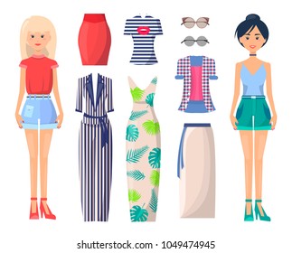 Young girls in stylish clothes with spare outfits set. Brunette and blonde girls in summer clothes. Women in high waist short vector illustrations.