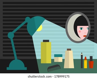 Young girls table with cosmetics. Vector illustration.