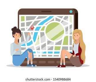 young girls with tablet and gps app vector illustration design