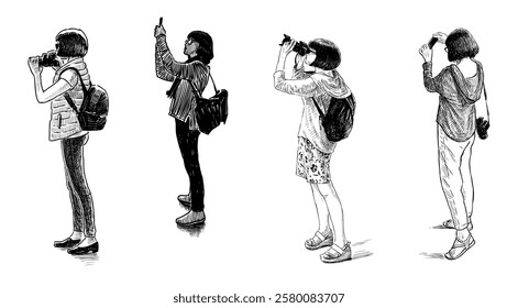 Young girls tourists photographing on camera and smartphone, slim brunettes, sketches, realistic hand drawn vector illustration