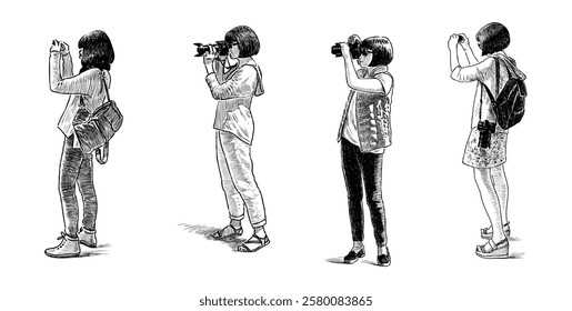 Young girls tourists photographing on smartphone and camera, slim brunettes, sketches, realistic hand drawn vector illustration