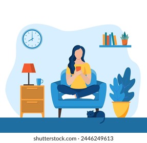 Young girls using phone, sitting legs crossed on chair at home. woman running remotely on freelance, job on smartphone, communicates through social networks. Vector illustration in flat style