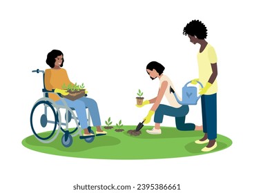 Young girls volunteers planting seedlings in a garden or public park. Green Planet. Take care of the environment. Vector illustration in flat style.