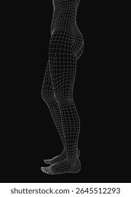 A cintura e as pernas de uma menina retratadas em um design elegante wireframe, apresentando estrutura anatômica com linhas limpas e estética digital. A ilustração minimalista destaca a forma humana