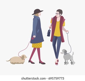 Young girls walking with dogs, Colorful flat vector illustration.