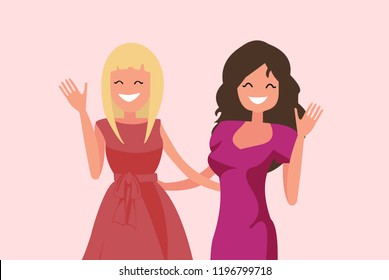 Young girls waving their hands. Best friend. Female friendship.