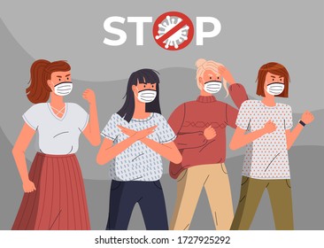 Young girls wearing face protective medical masks protesting to stop world epidemic. Women calling to fight with virus. Attention to world virus pandemic. Cartoon vector characters at grey background