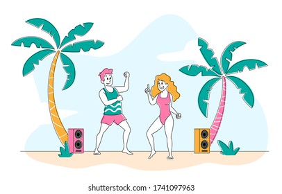 Young Girls Wearing Swim Suits and Man Characters Dancing on Seaside at Summer Beach Party with Playing Modern Music at Tropical Landscape with Palm Trees, Holidays. Linear People Vector Illustration