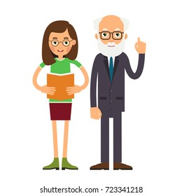 Young girl-student reads a book or an summary to an elderly teacher. Teacher pays attention to the error and raises his index finger up. Illustration in flat style. Isolated. Vector
