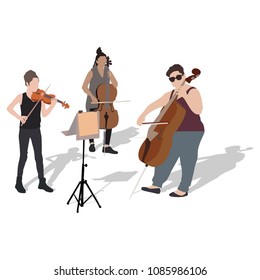Young girs violinist and contrabass silhouette playing a violin and contrabass over white background vector.