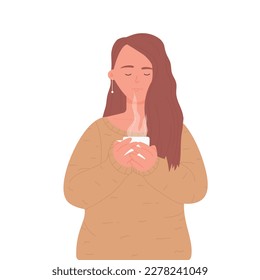 Gitana joven con taza de té caliente. Mujer bebiendo café caliente, salto de té ilustración vectorial