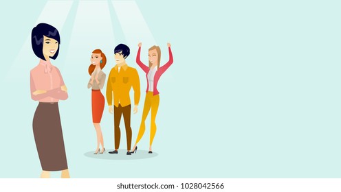 Young glad multicultural people celebrating at business conference. Asian business woman standing on the background of audience at business seminar. Vector cartoon illustration. Horizontal layout.