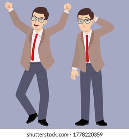 young glasses business man in suits standing poses happy and unhappy mood