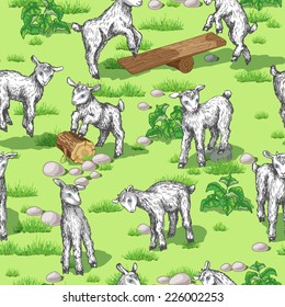 Young goats frolic on the green lawn. Seamless texture.