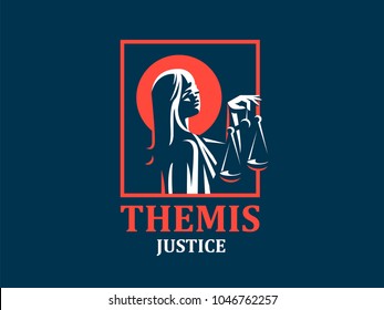 Young goddess of justice of the femida. Vector emblem.