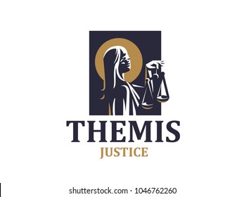 Young goddess of justice of the femida. Vector emblem.