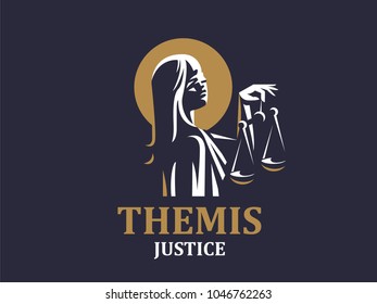 Young goddess of justice of the femida. Vector emblem.