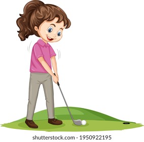 Young golf player cartoon character playing golf illustration