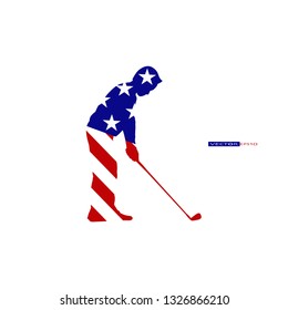 Young golfer in American flag, Star and stripes, Red white and blue color.