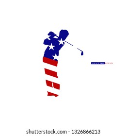 Young golfer in American flag, Star and stripes, Red white and blue color.