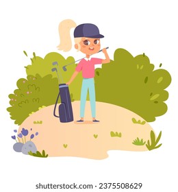 Young golfer with bag and golf clubs vector illustration. Cartoon isolated small cheerful girl in hat playing professional sport game, happy active player character with smile training and golfing.