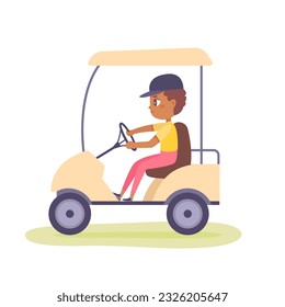 Jóvenes golfistas conduciendo carros de golf ilustración vectorial. Dibujo de un jugador de niños aislado en el gorro sentado detrás del volante del auto eléctrico para conducir, vista lateral del niño con buggy para el transporte en el campo de golf