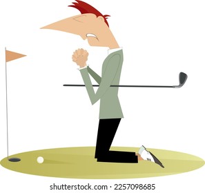 Young golfer man on the golf course. 
Young golfer man kneeling and praying for good shot
