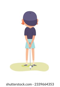 Young golfer playing golf vector illustration. Cartoon isolated small kid with club hitting ball to hole on field, action of player character in cap training in golf course, leisure and hobby game