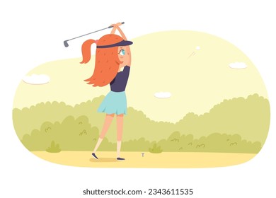 Young golfer playing golf vector illustration. Cartoon isolated summer landscape scene with small girl professional player in swing pose, kid in cap holding golf club to hit ball, training on grass.