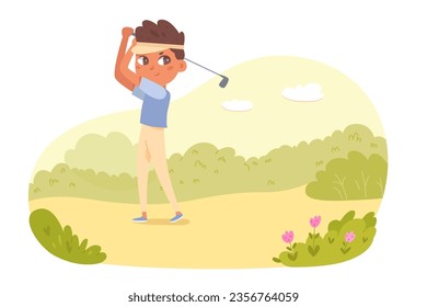 Young golfer playing golf vector illustration. Cartoon isolated summer landscape scene with small boy professional player in swing pose, kid in cap holding golf club to hit ball, training on grass.