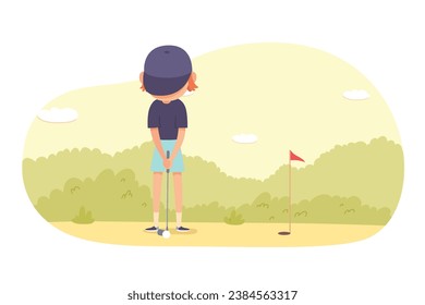 Joven golfista jugando ilustración vectorial de golf. Caricatura aisló a un niño pequeño con un club golpeando a la pelota a un agujero en el campo, acción de personaje jugador en entrenamiento de gorros en el campo de golf, ocio y juego de hobby.