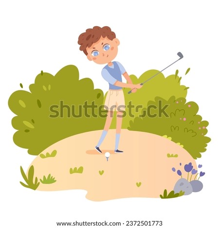 Young golfer playing golf vector illustration. Cartoon isolated summer scene with small boy professional player in swing pose, kid in cap holding golf club to hit ball, training on grass.