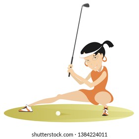 Young golfer woman on the golf course illustration. Cartoon golfer woman aiming to do a good kick isolated on white
