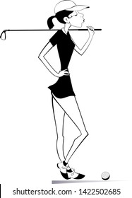 Young golfer woman on the golf course black on white illustration