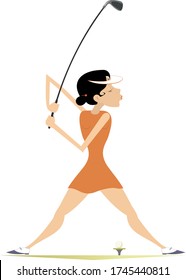Young golfer woman on the golf course illustration. Young golfer woman on the golf course tries to do a good hit isolated on white
